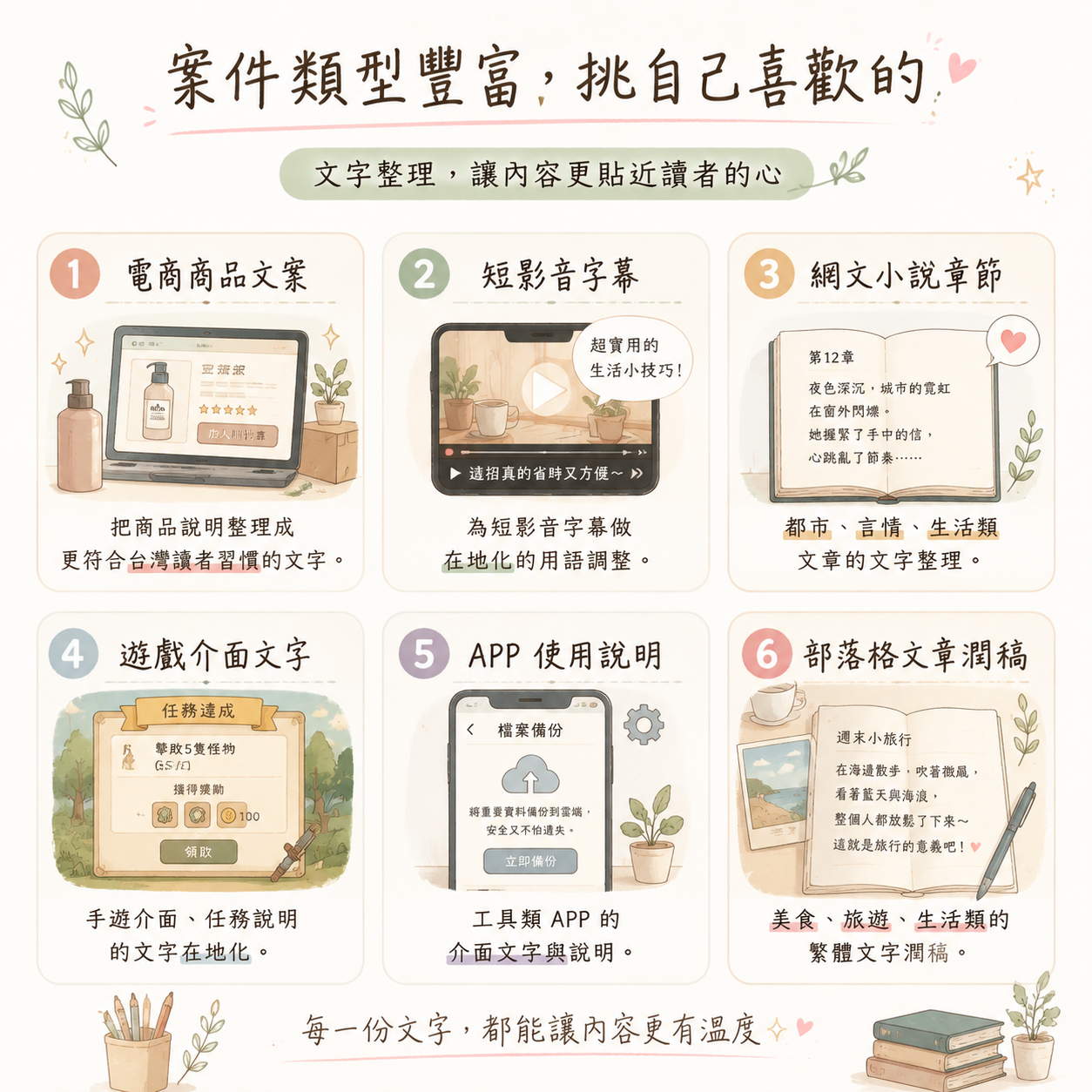 案件類型豐富,挑自己喜歡的:電商商品文案、短影音字幕、網文小說章節、遊戲介面文字、APP 使用說明、部落格文章潤稿